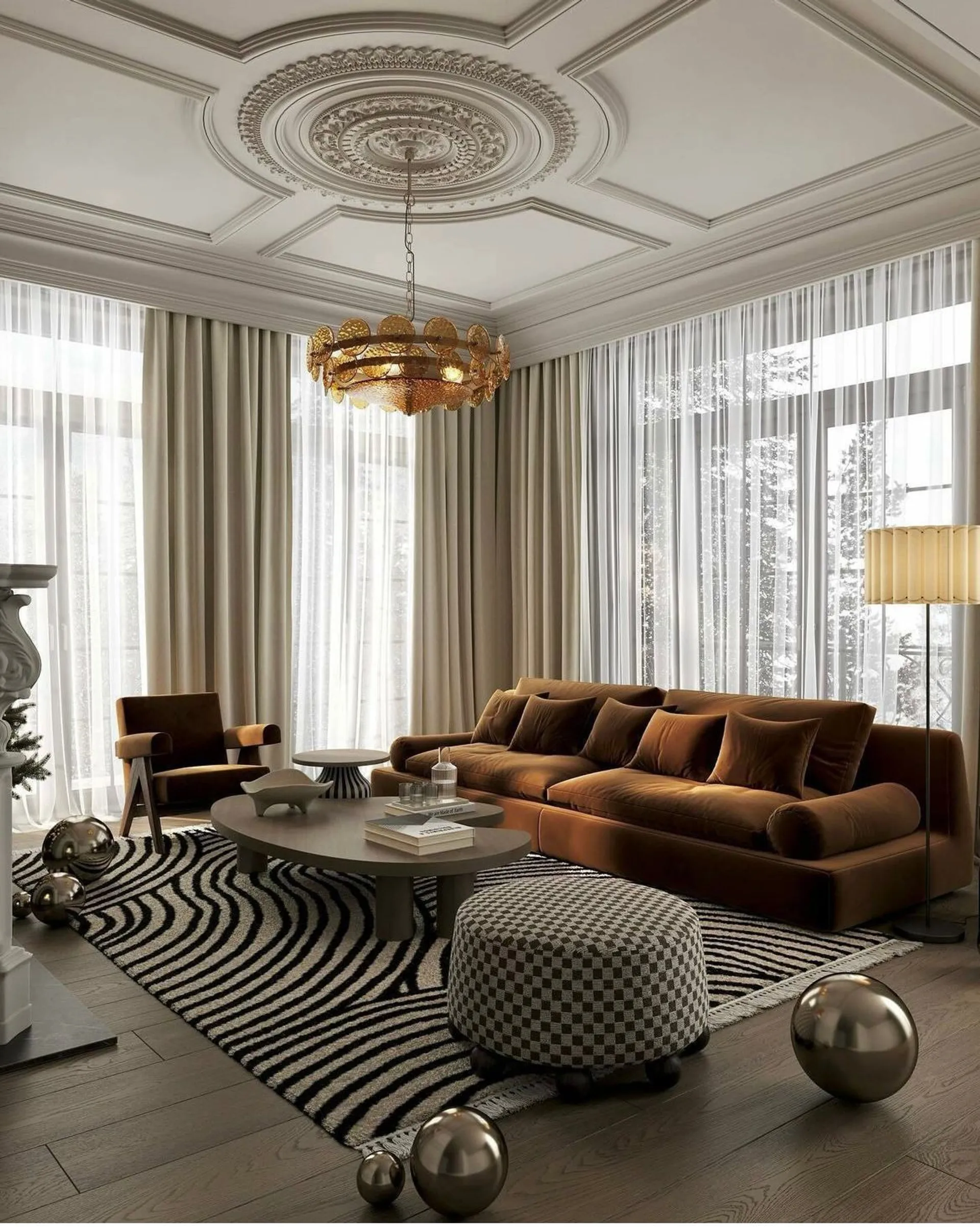 Elegant living room designed by Porcelain Sheer